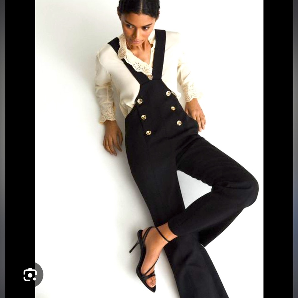 Reiss Black Gold-Button Wide-Leg Dungaree Jumpsuit
